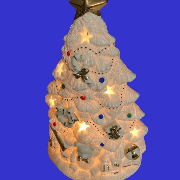 Ceramic Christmas Tree Lighted With Decorations And Gold Colored Accents - Picture 9 of 10